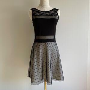 Chiffon Lace Fit‎ & Flare Cocktail Dress Size M Black Floral Dot Whimsygoth Y2k